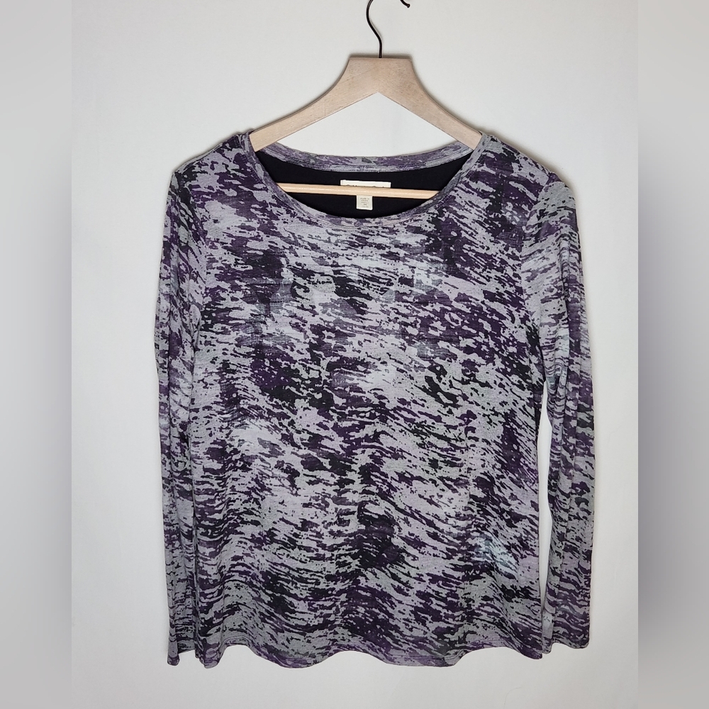 Coldwater Creek Purple and Gray Abstract Long Sleeve Sheer Top